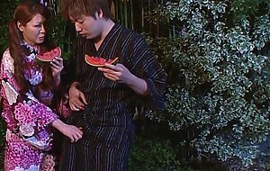 Pure japanese adult video, japanese babe sucks her boyfriend big cock outdoor after eating watermelon