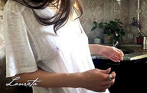 Lanreta, wife sensually fucks her lover and squirts in the kitchen, thick cum on pussy