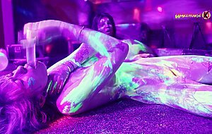 Neon party escalates, girls fuck and scream with pleasure